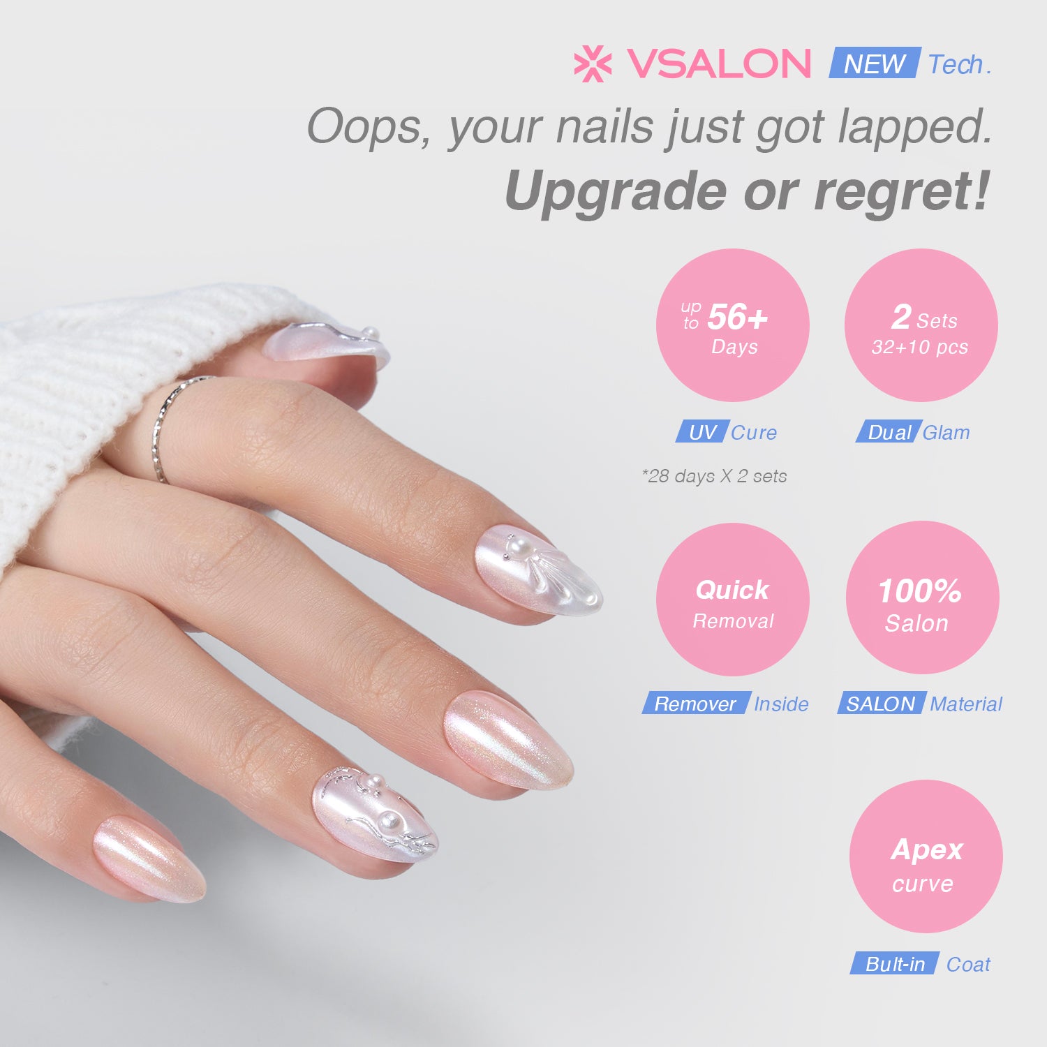VSALON Dual Glam Nails Patriot Pearl Pearl Solid Color Short Almond Press On Nails - last up to 25+ days, salon-quality durability.