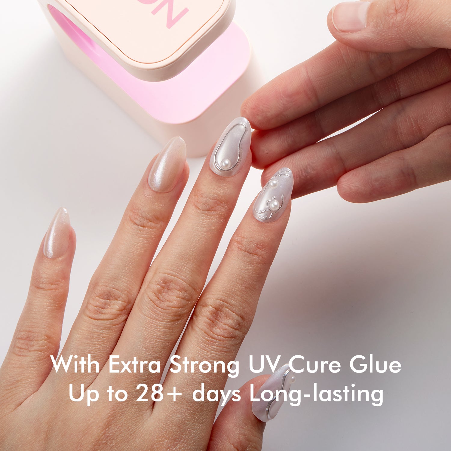 VSALON Dual Glam Nails Patriot Pearl Pearl Solid Color Short Almond Press On Nails - last up to 25+ days, salon-quality durability.