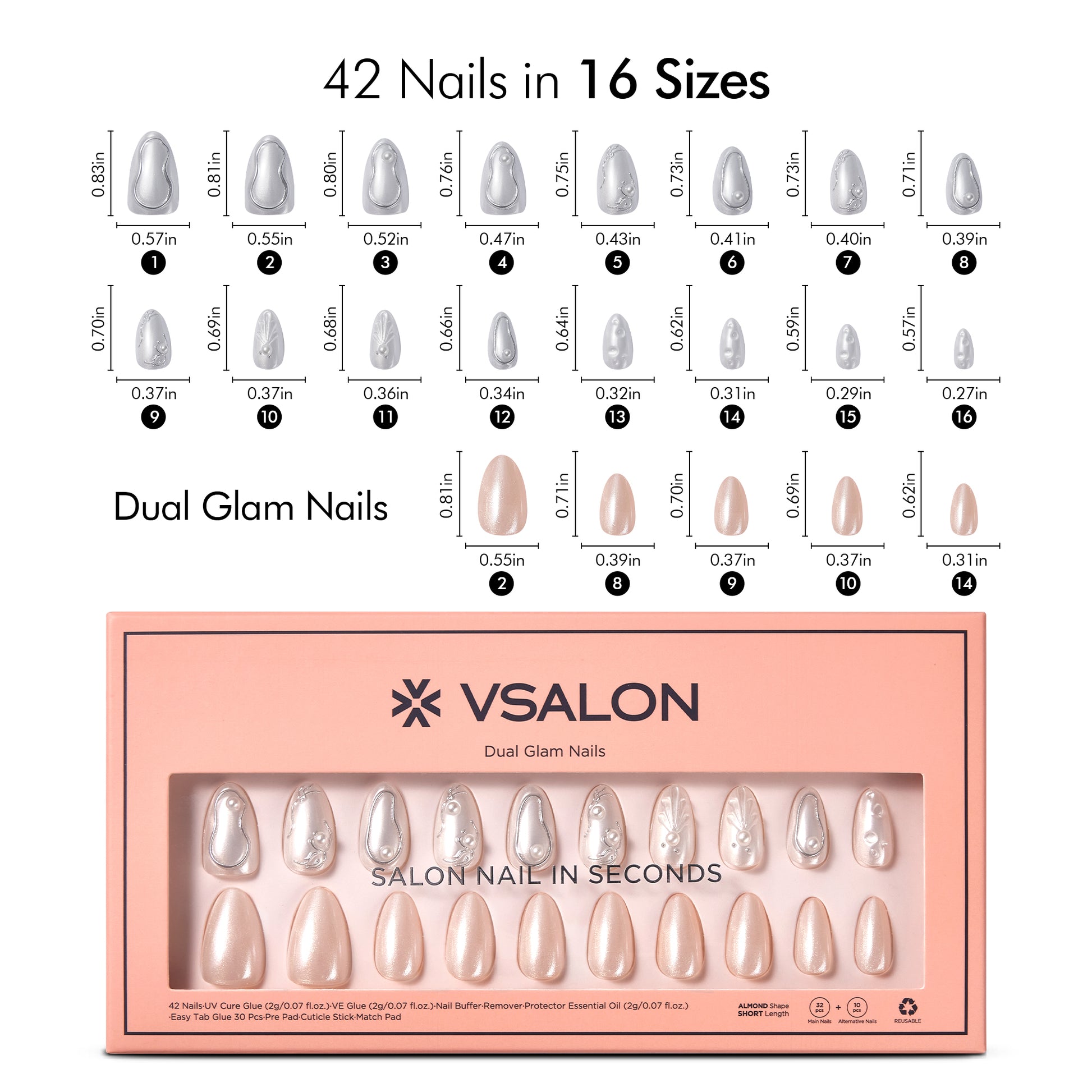 VSALON Dual Glam Nails Patriot Pearl Pearl Solid Color Short Almond Press On Nails Size Chart – shows length and width for each press on nail.