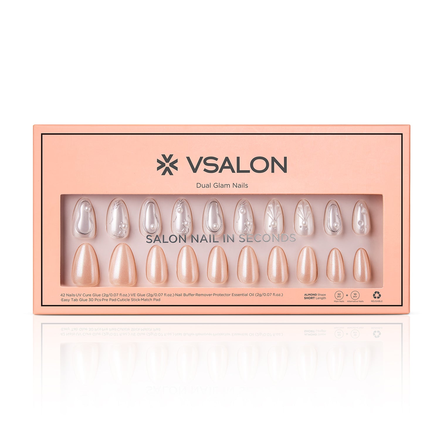 VSALON Dual Glam Nails Patriot Pearl Pearl Solid Color Short Almond Press On Nails - easy to apply, salon-quality, lasts 25+ days.