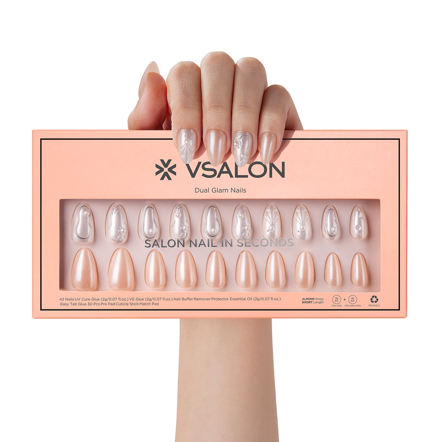 VSALON Dual Glam Nails Patriot Pearl Pearl Solid Color Short Almond Press On Nails - model's hand holding the top of the box – displaying nail design and product packaging