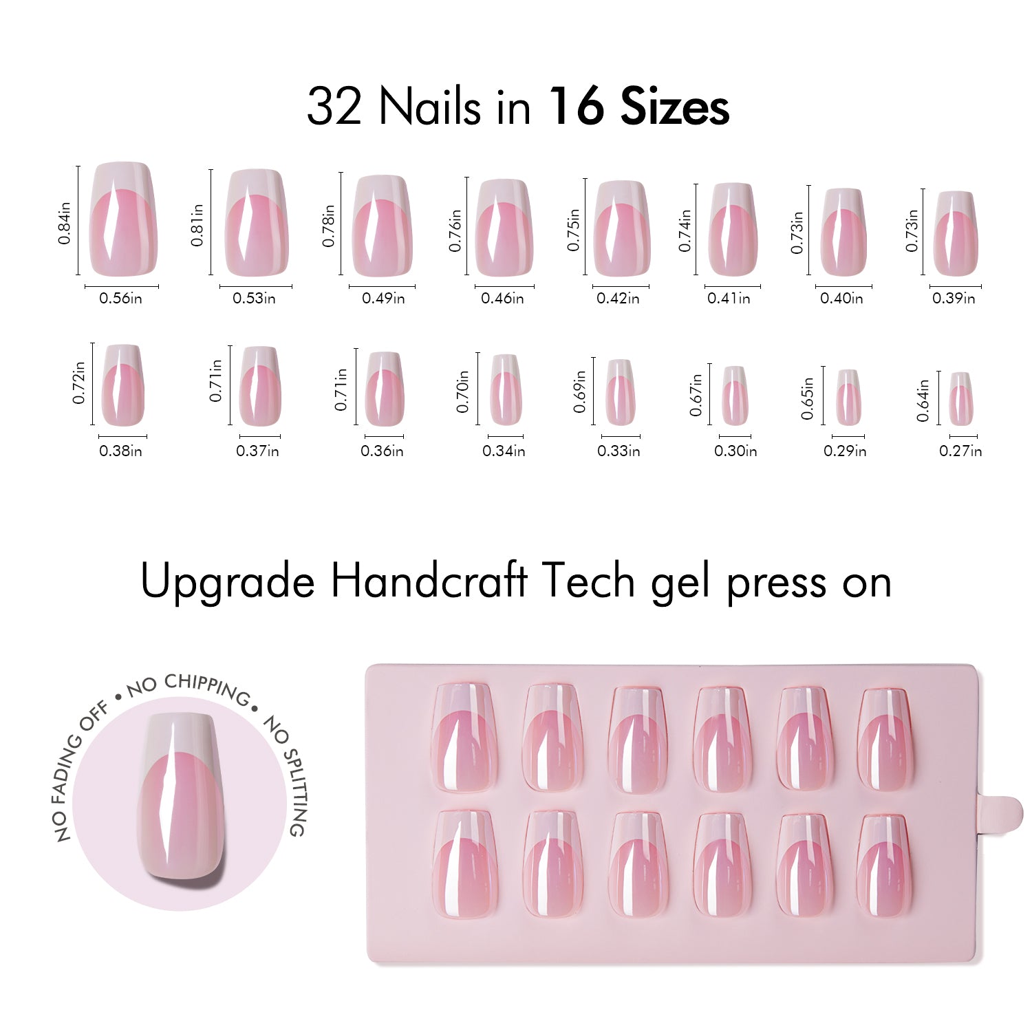VSALON Nourishment Pink Bliss Pink French Tips Glossy Short Coffin Press On Nails Size Chart – shows length and width for each press on nail.