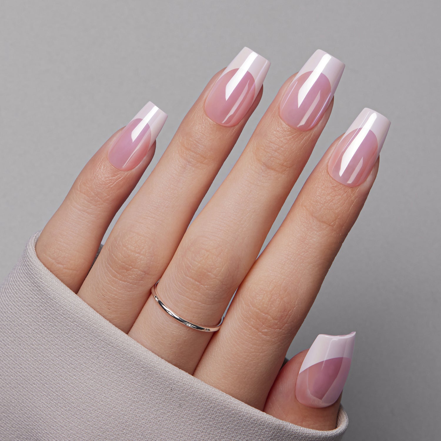 VSALON Nourishment Pink Bliss Pink French Tips Glossy Short Coffin Press On Nails - model wearing