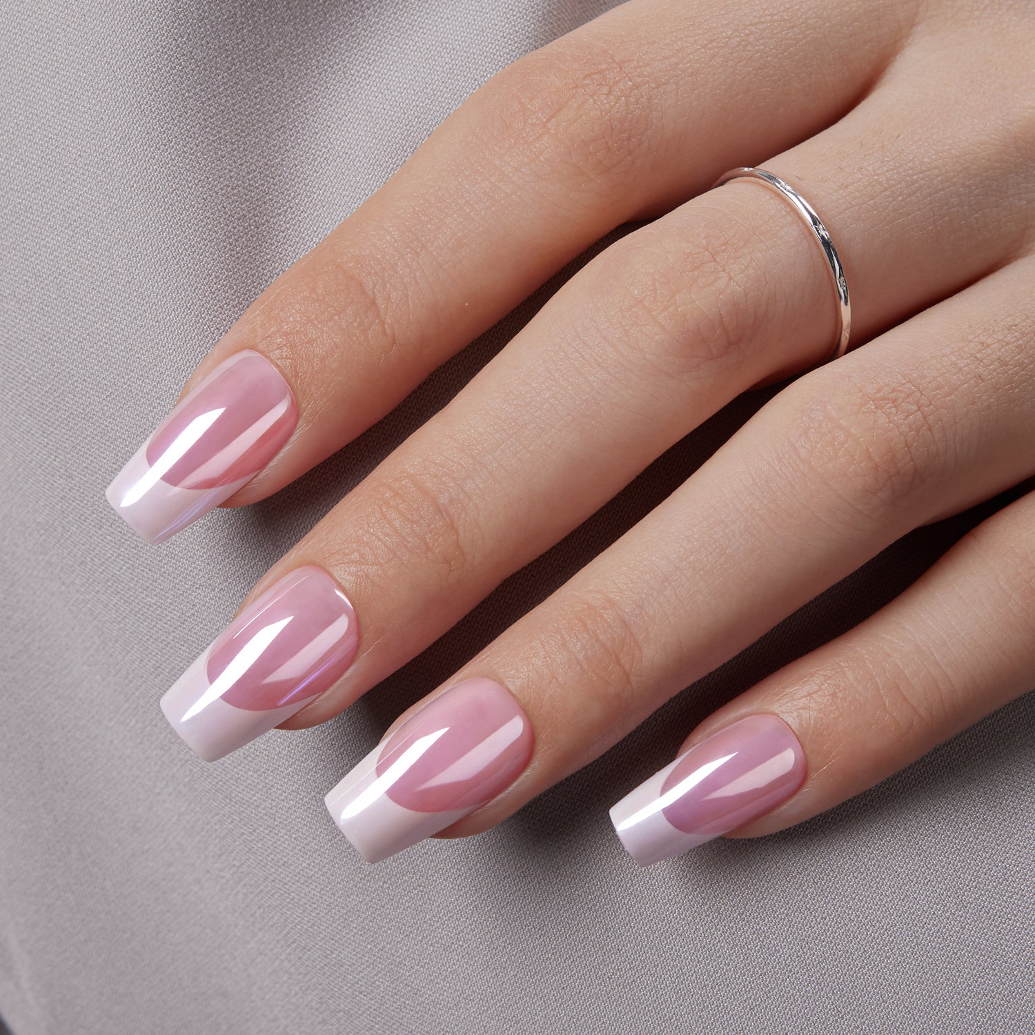 VSALON Nourishment Pink Bliss Pink French Tips Glossy Short Coffin Press On Nails - elegant look worn on hands