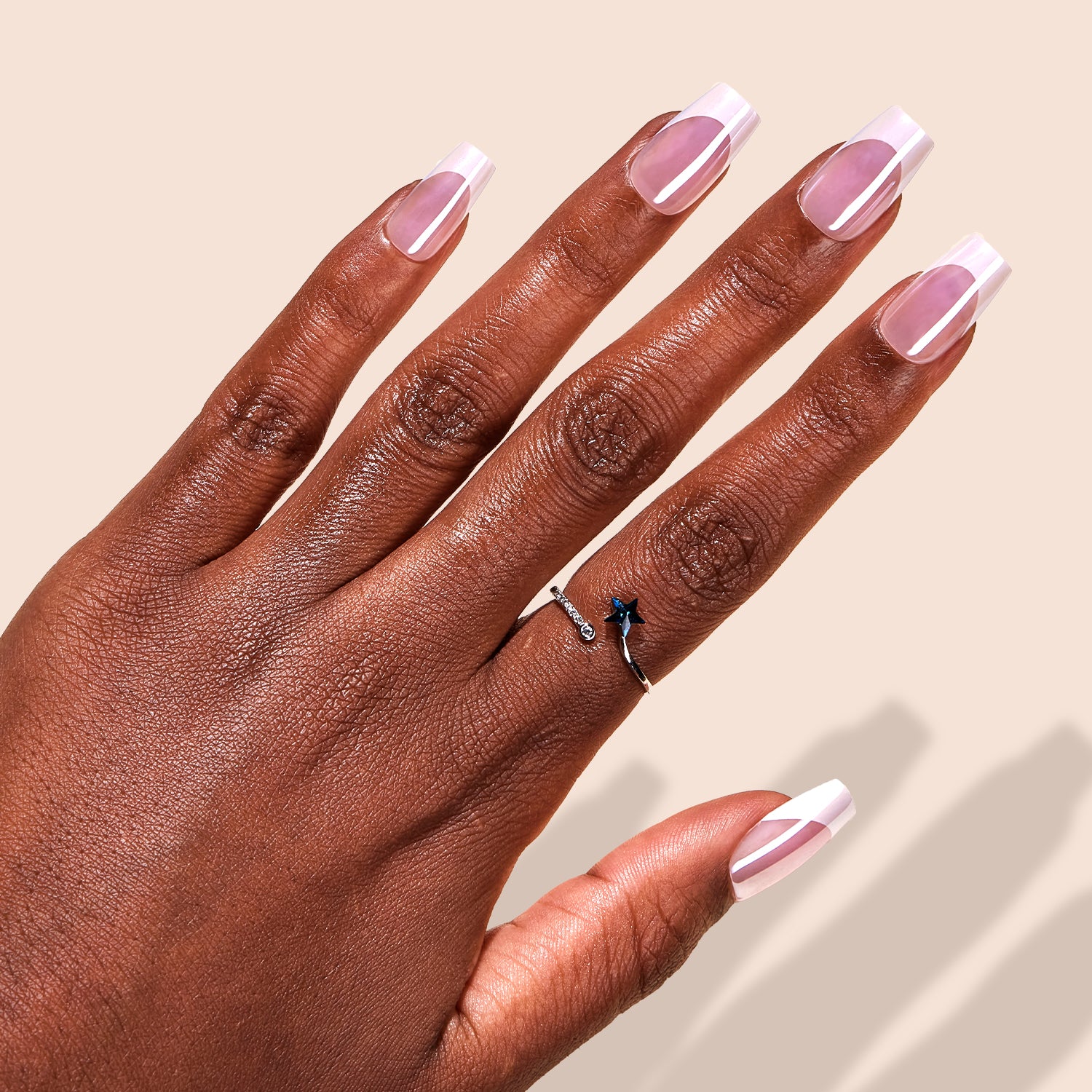 VSALON Nourishment Pink Bliss Pink French Tips Glossy Short Coffin Press On Nails - natural look on hand model