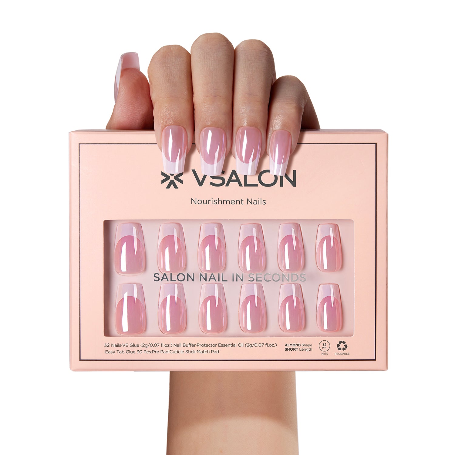 VSALON Nourishment Pink Bliss Pink French Tips Glossy Short Coffin Press On Nails - model's hand holding the top of the box – displaying nail design and product packaging