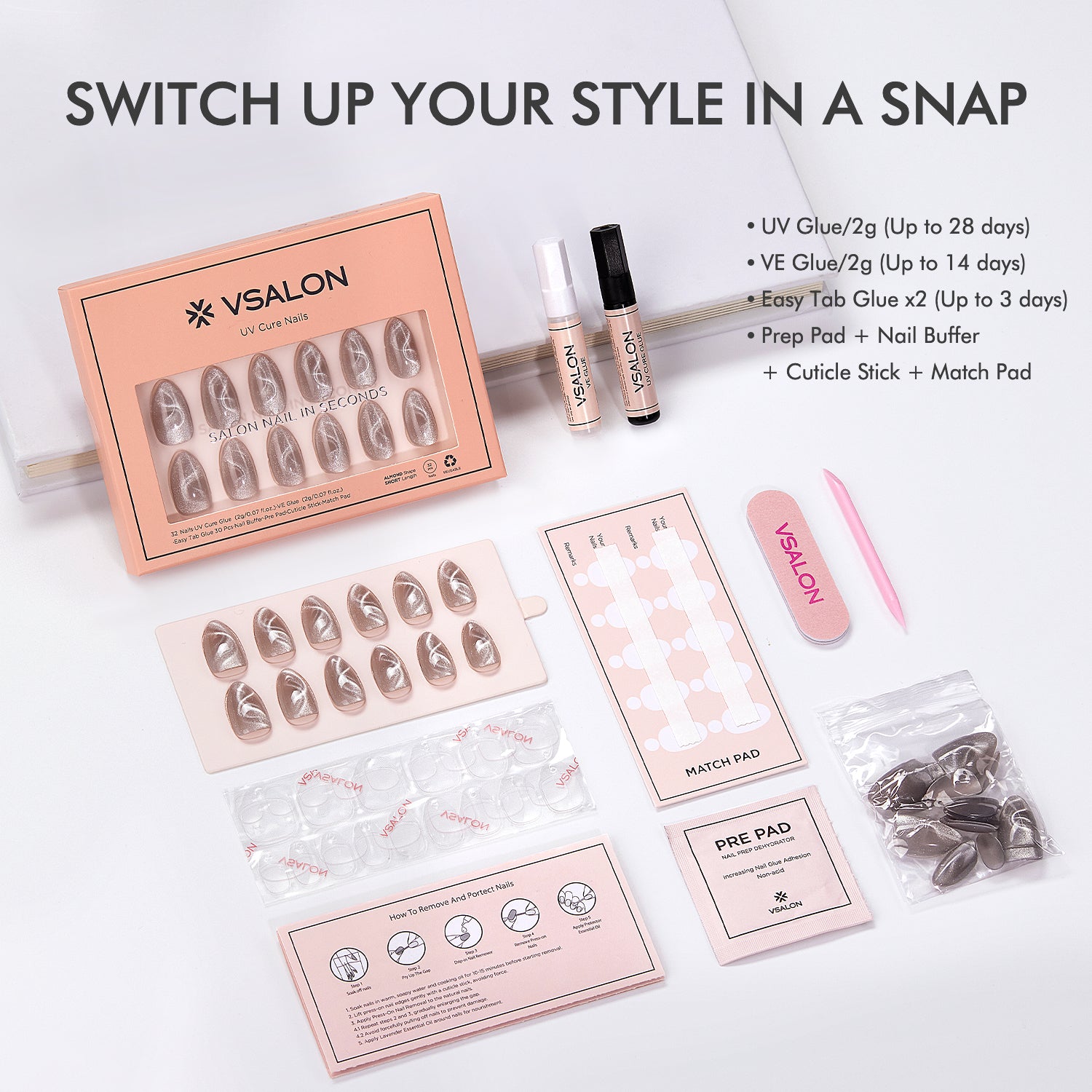 VSALON UV Cure Nails Polar Cat Eye Short Almond Press On Nails - prep-kit-included