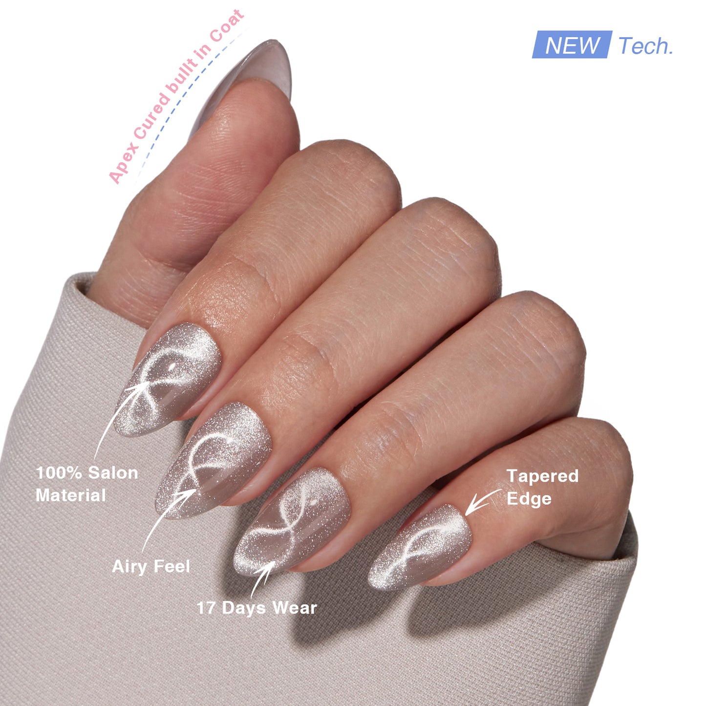 VSALON UV Cure Nails Polar Cat Eye Short Almond Press On Nails - salon-quality finish and perfect shine.