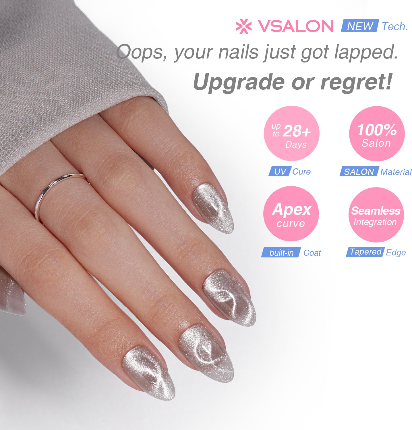 VSALON UV Cure Nails Polar Cat Eye Short Almond Press On Nails - last up to 25+ days, salon-quality durability.