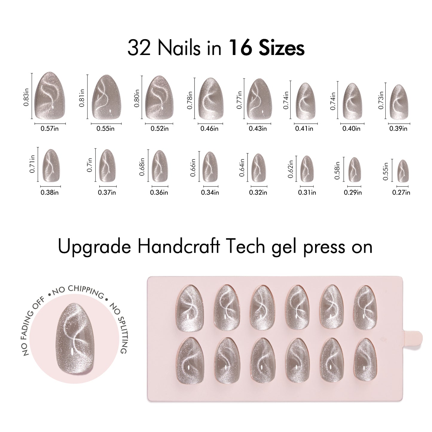 VSALON UV Cure Nails Polar Cat Eye Short Almond Press On Nails Size Chart – shows length and width for each press on nail.