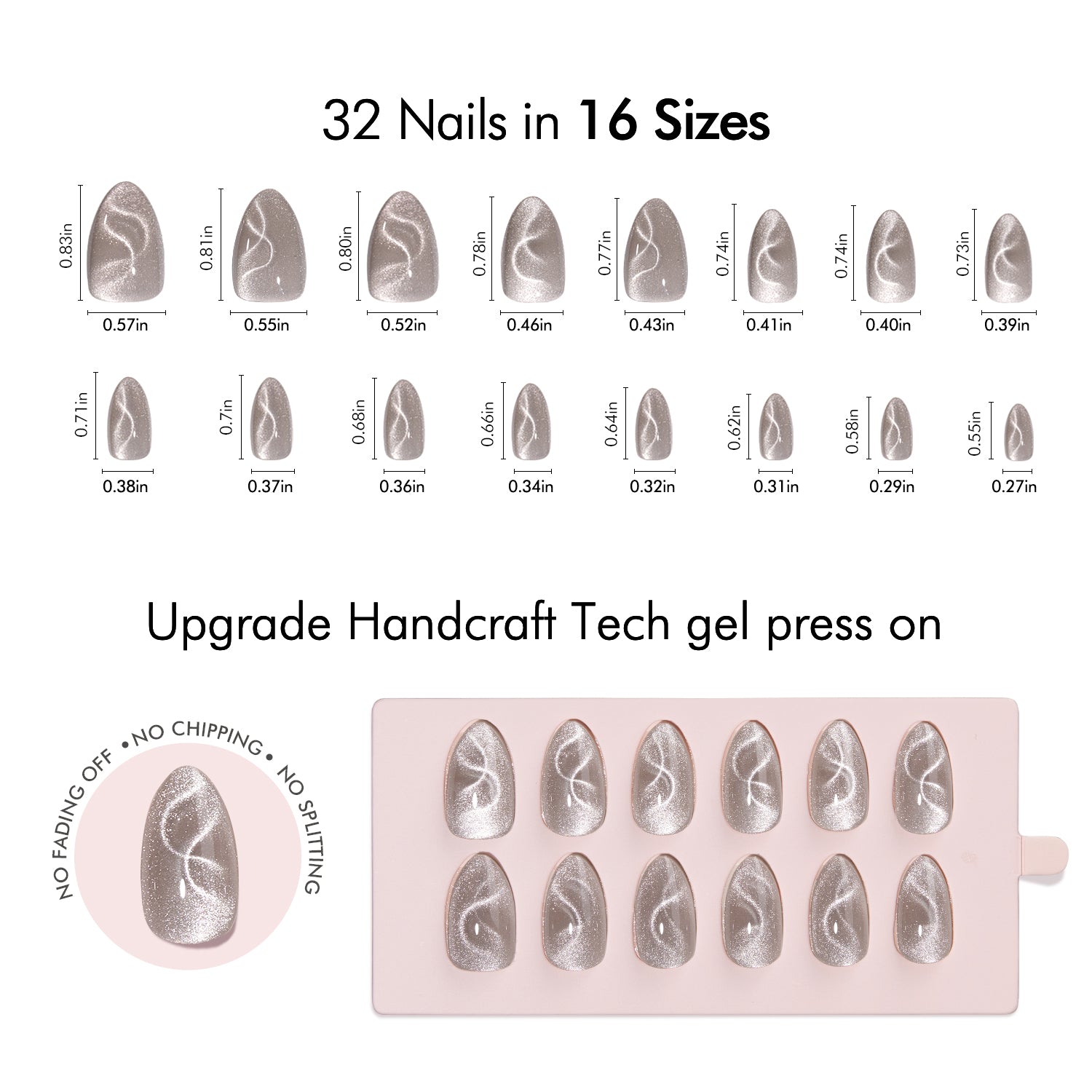 VSALON UV Cure Nails Polar Cat Eye Short Almond Press On Nails Size Chart – shows length and width for each press on nail.