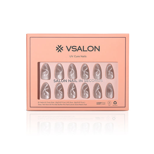 VSALON UV Cure Nails Polar Cat Eye Short Almond Press On Nails - easy to apply, salon-quality, lasts 25+ days.