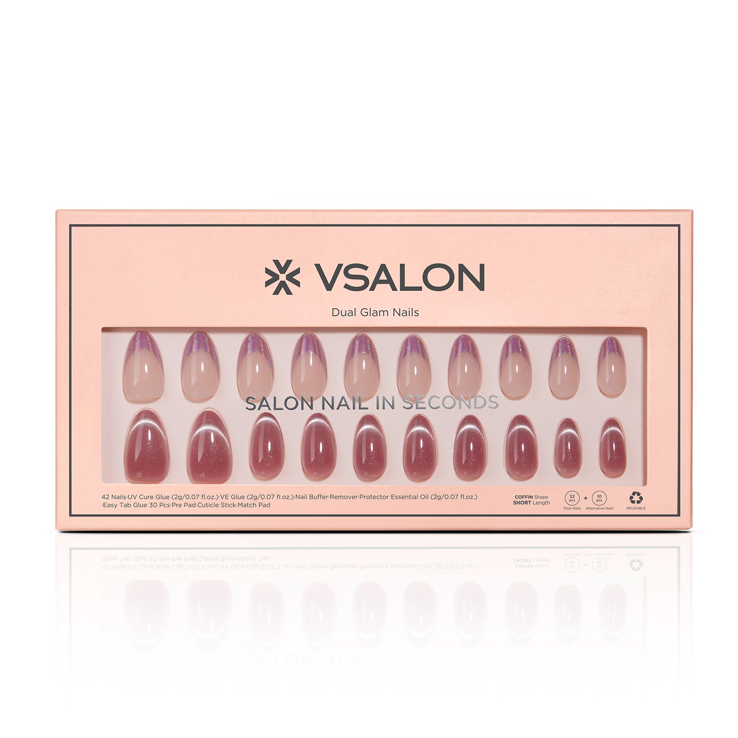 VSALON Dual Glam “Potion” Short Almond Press On Nails – easy to apply, salon-quality, lasts 25+ days.