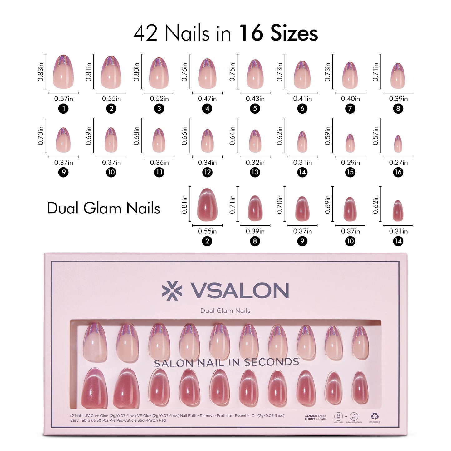 VSALON Dual Glam “Potion” Short Almond Press On Nails – salon-quality, long-lasting.