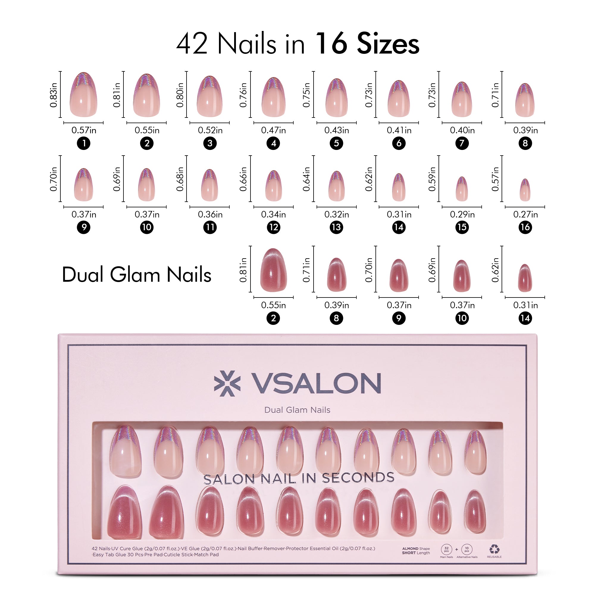 VSALON Dual Glam “Potion” Short Almond Press On Nails – salon-quality, long-lasting.