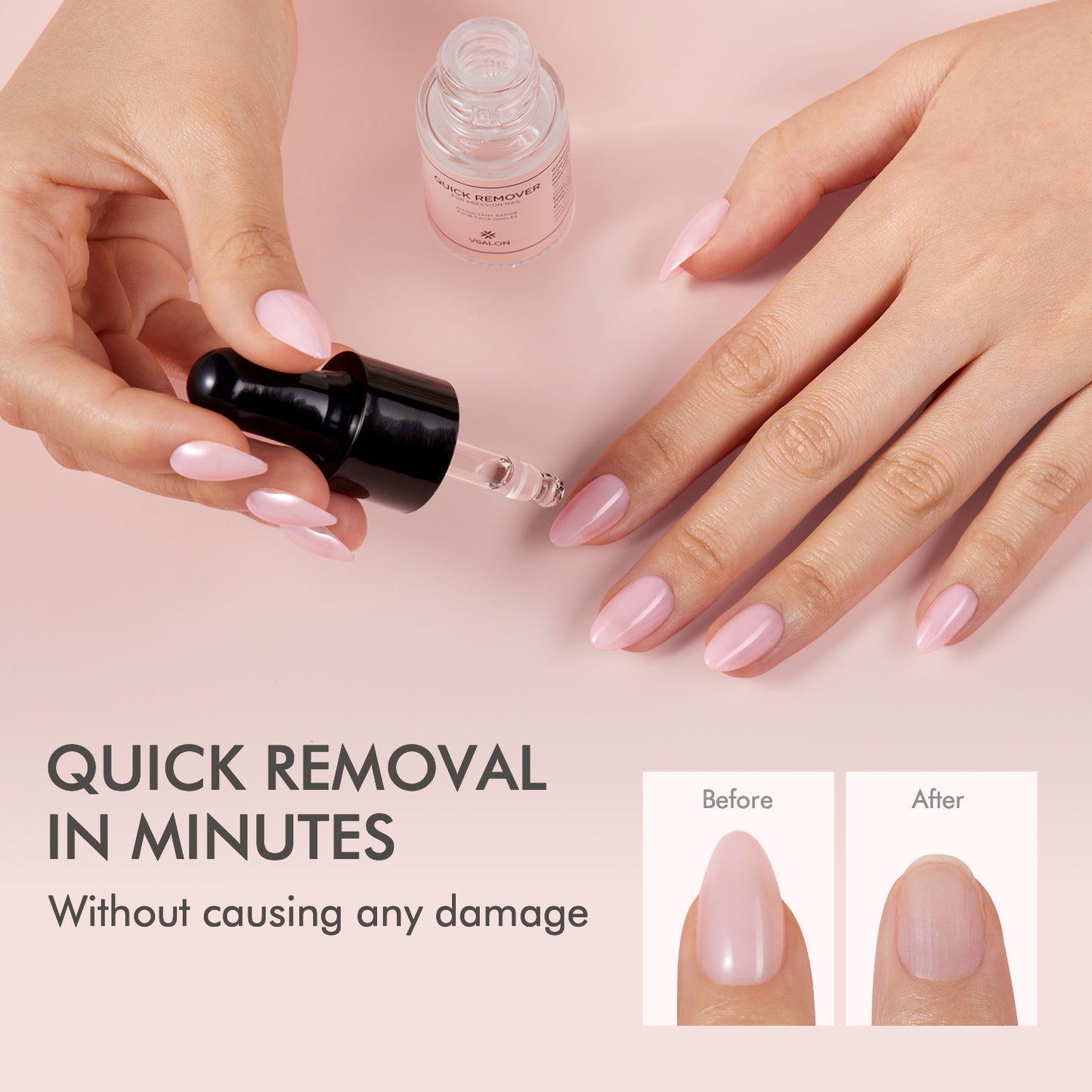 Model applying VSALON nail remover to gently dissolve press on nail glue