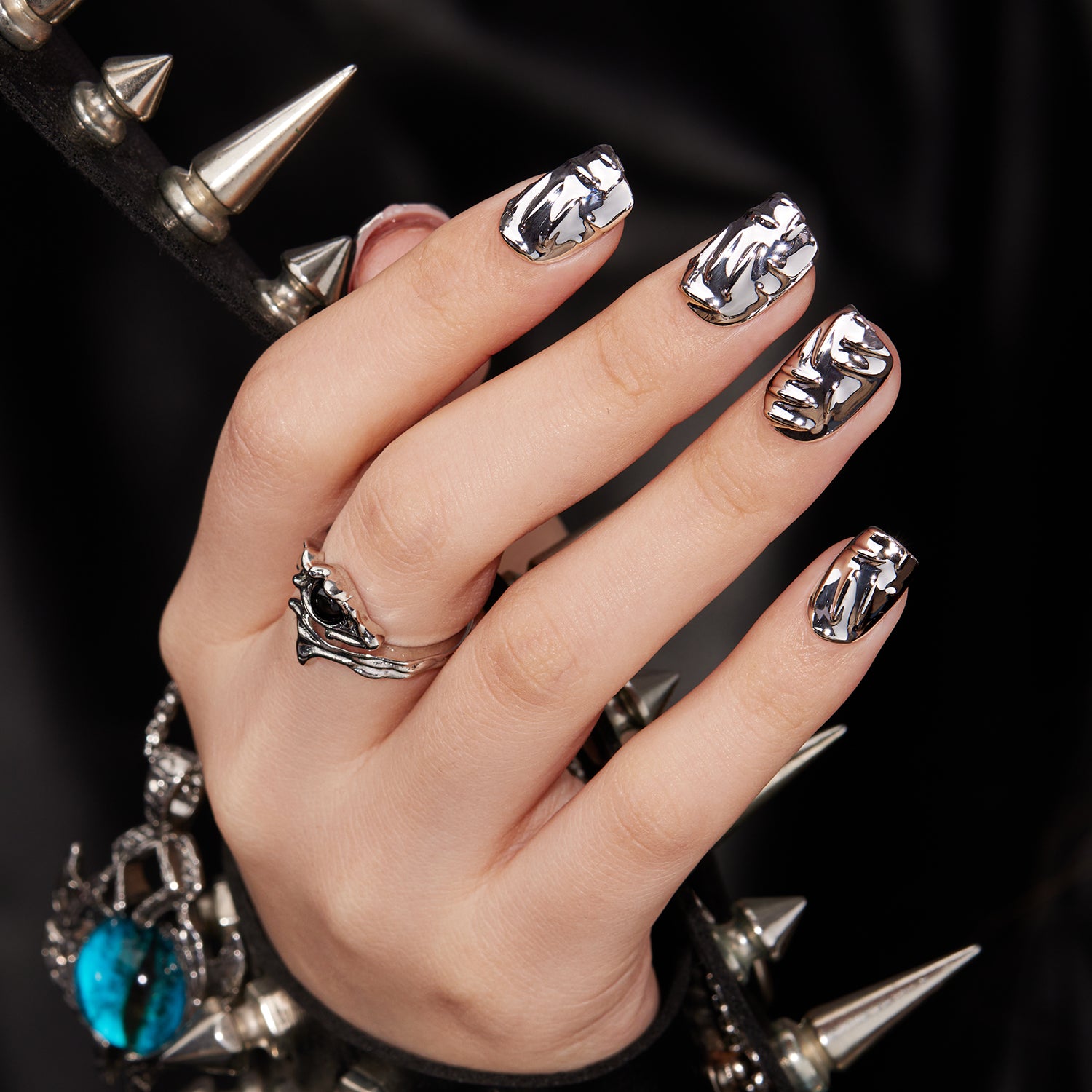 VSALON Nourishment Edge Mirage Rock 3D Textured Short Square Press On Nails - Model wearing VSALON punk-inspired press on nails with leather jacket outfit