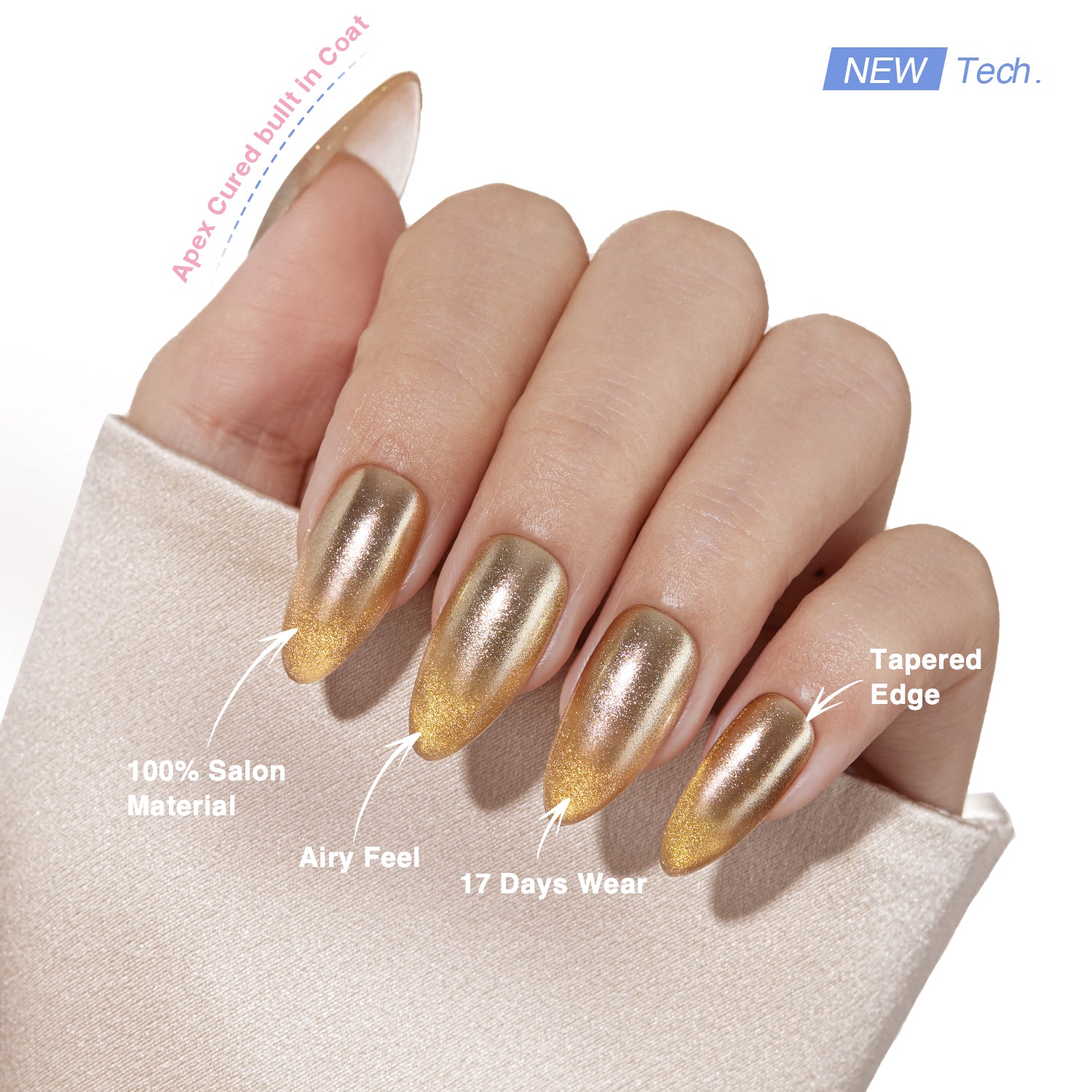 VSALON Nourishment Ra Gold Gold Metallic Cat-Eye Medium Almond Press On Nails - last up to 25+ days, salon-quality durability.