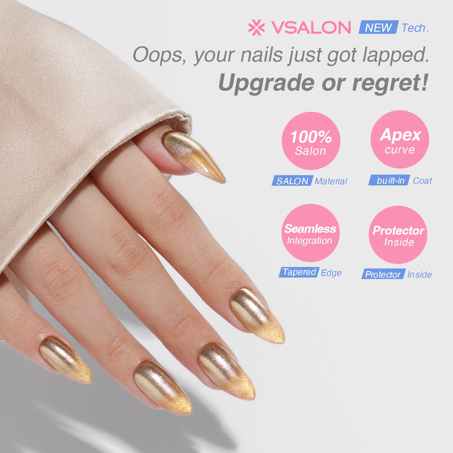 VSALON Nourishment Ra Gold Gold Metallic Cat-Eye Medium Almond Press On Nails - salon-quality finish and perfect shine.