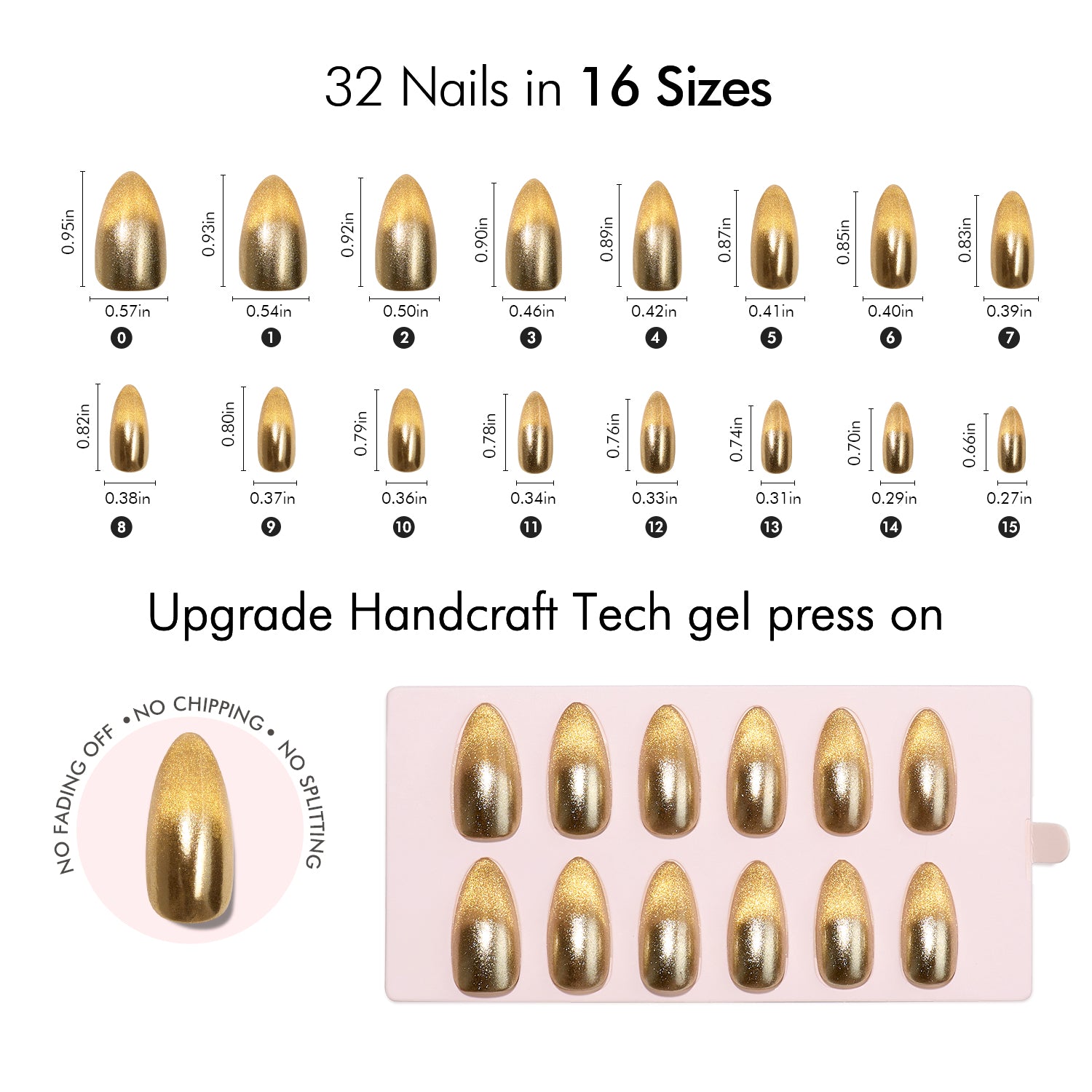 VSALON Nourishment Ra Gold Gold Metallic Cat-Eye Medium Almond Press On Nails Size Chart – shows length and width for each press on nail.