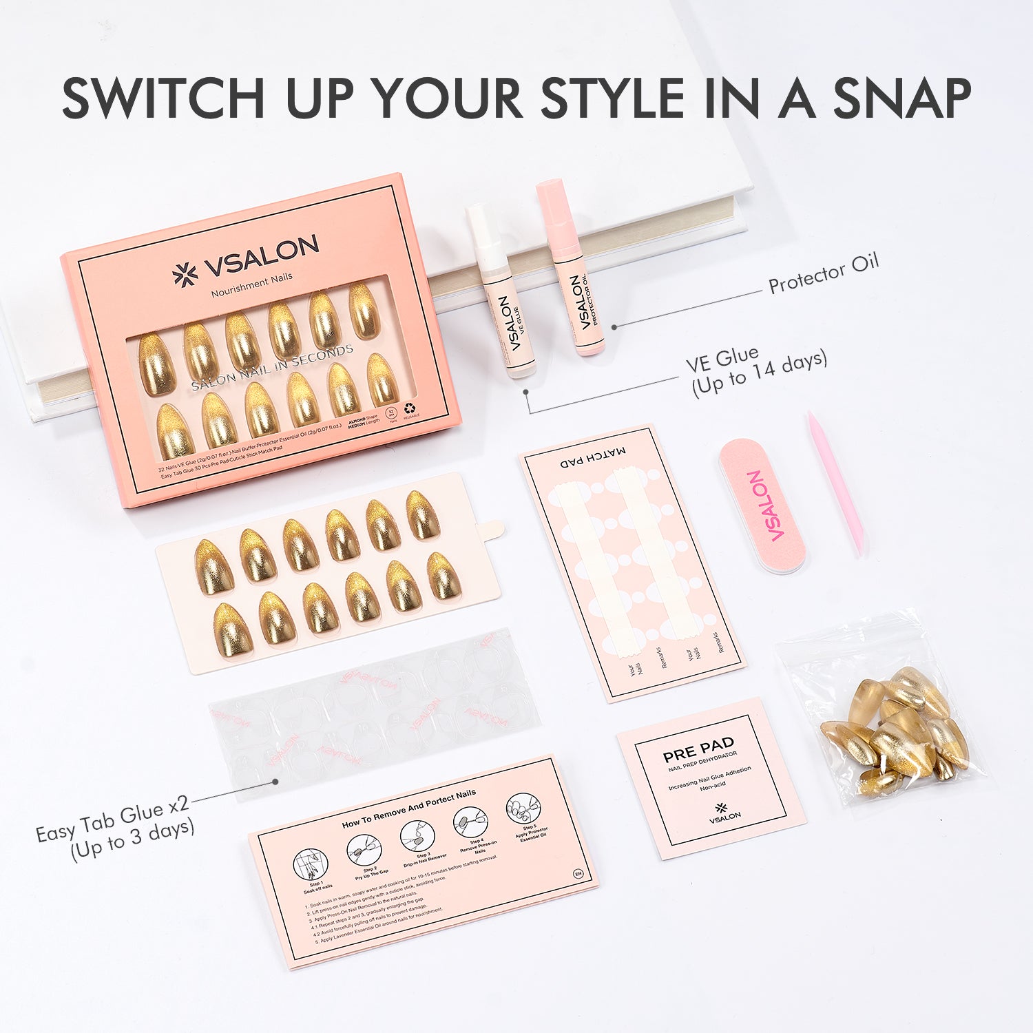 VSALON Nourishment Ra Gold Gold Metallic Cat-Eye Medium Almond Press On Nails - kit showing full package contents including nails, glue, and tools