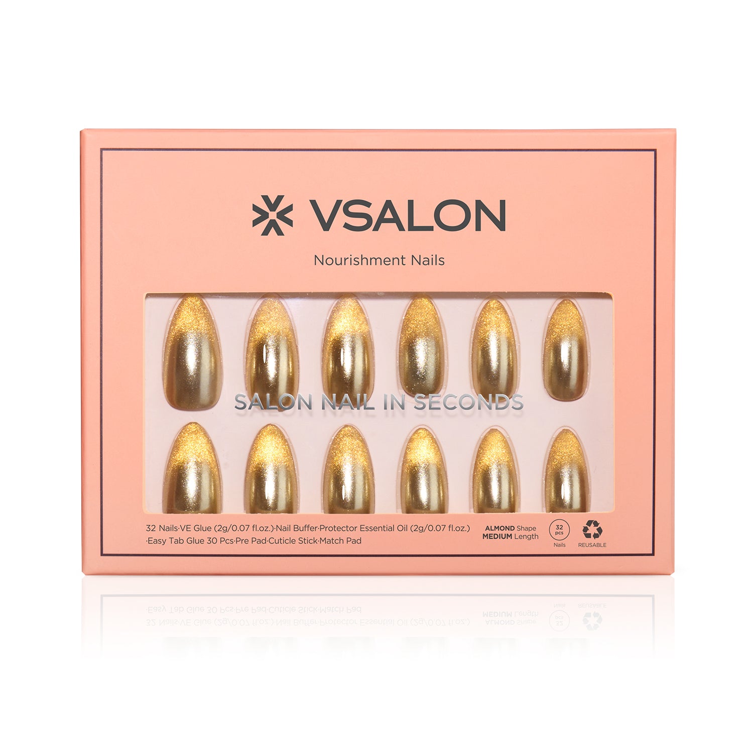 VSALON Nourishment Ra Gold Gold Metallic Cat-Eye Medium Almond Press On Nails - Front view of VSALON press on nails box showing style and nail set details