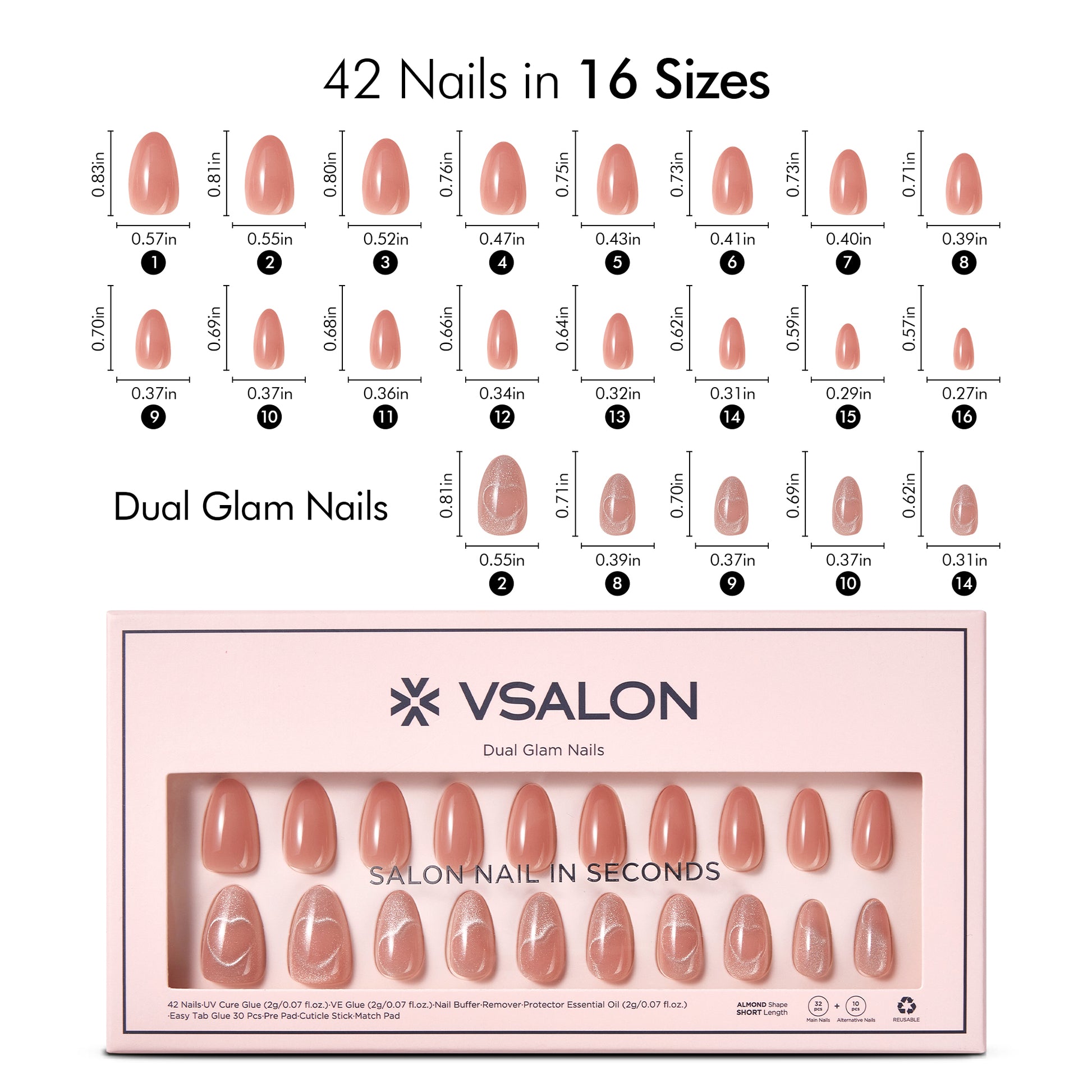 VSALON Dual Glam Nails Romantic Floral Pink Heart Short Almond Press On Nails Size Chart – shows length and width for each press on nail.