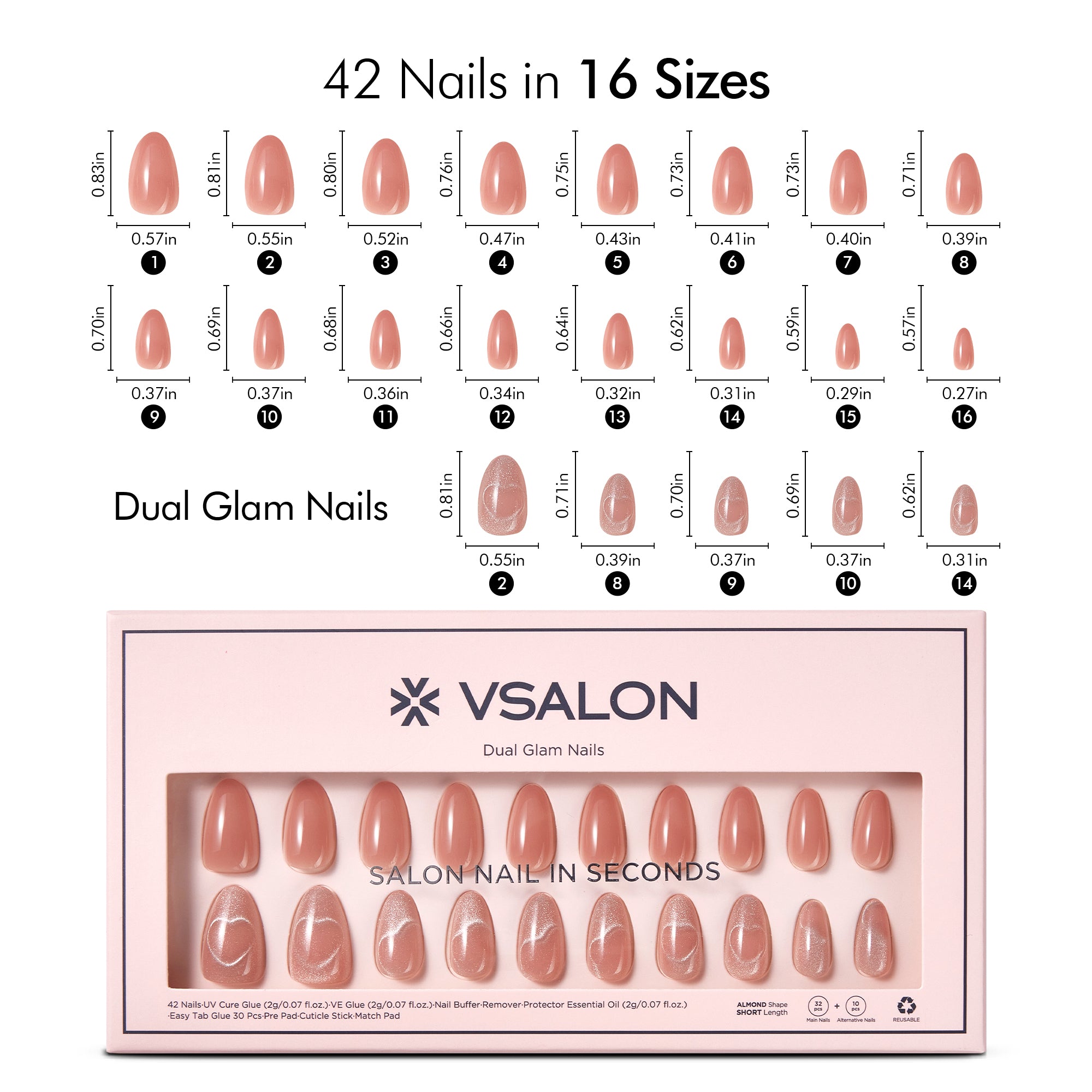 VSALON Dual Glam Nails Romantic Floral Pink Heart Short Almond Press On Nails Size Chart – shows length and width for each press on nail.