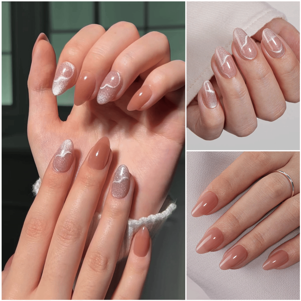 VSALON Dual Glam Nails Romantic Floral Pink Heart Short Almond Press On Nails - Model showing nails with both hands – displaying nail design and manicure style