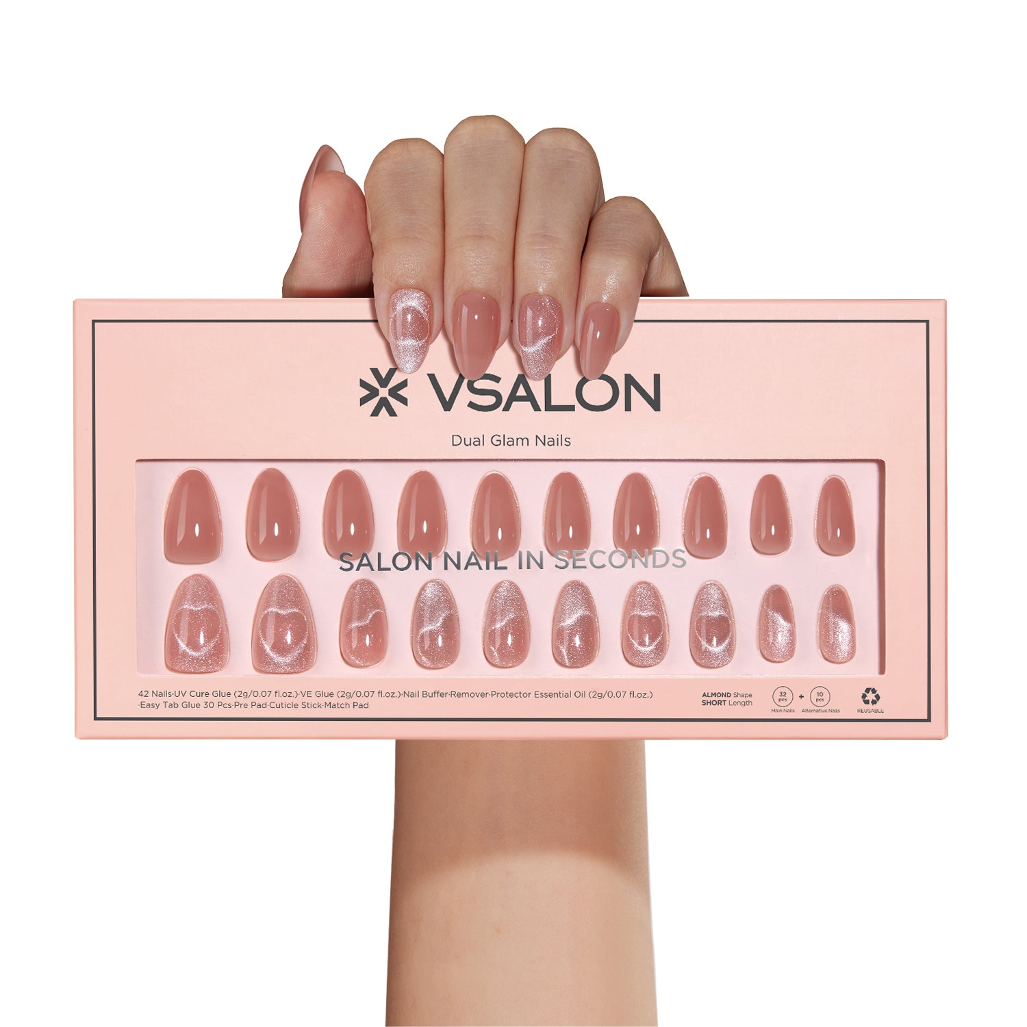 VSALON Dual Glam Nails Romantic Floral Pink Heart Short Almond Press On Nails - model's hand holding the top of the box – displaying nail design and product packaging