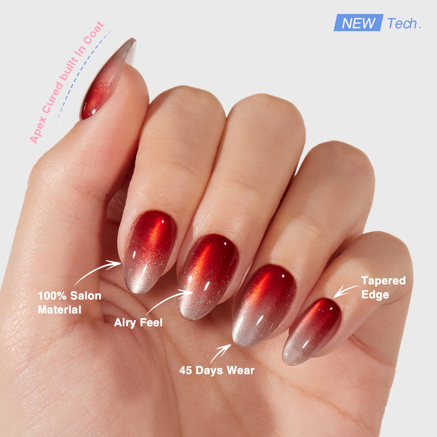 VSALON UV Cure Nails Scarlet Spell Red Cat Eye Short Almond Press On Nails - salon-quality finish and perfect shine.