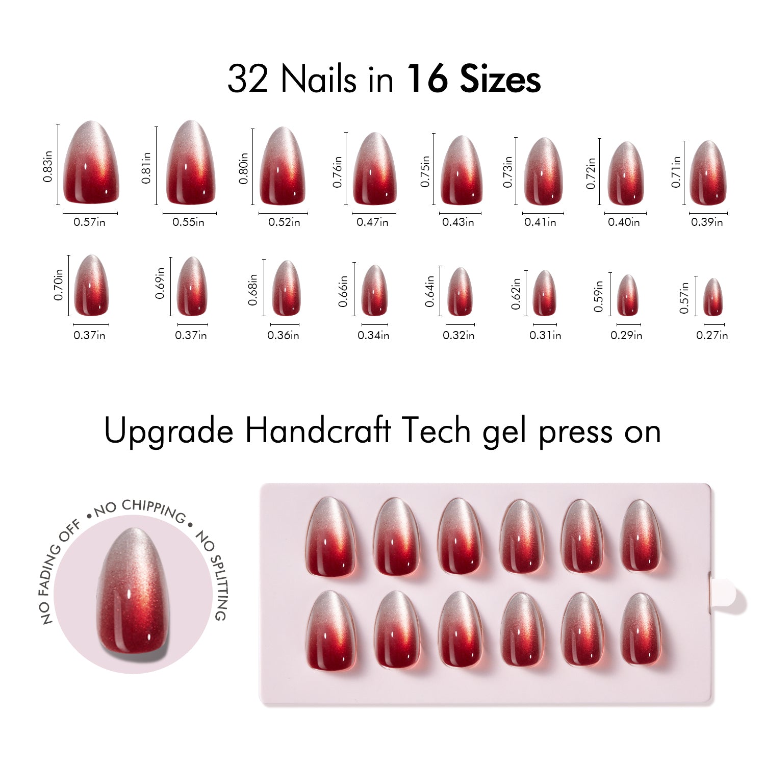 VSALON UV Cure Nails Scarlet Spell Red Cat Eye Short Almond Press On Nails Size Chart – shows length and width for each press on nail.