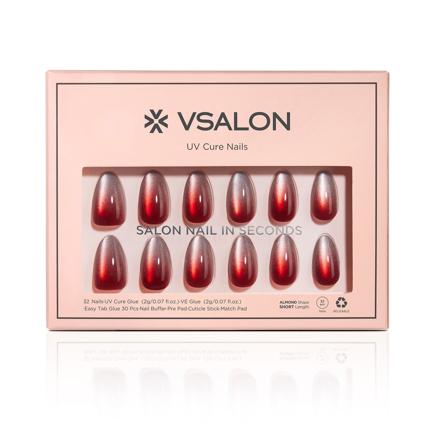 VSALON UV Cure Nails Scarlet Spell Red Cat Eye Short Almond Press On Nails - Front view of VSALON press on nails box showing style and nail set details