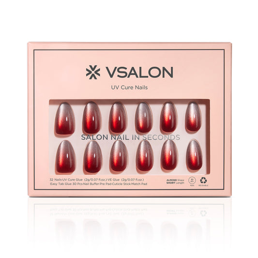 VSALON UV Cure Nails Scarlet Spell Red Cat Eye Short Almond Press On Nails - Front view of VSALON press on nails box showing style and nail set details