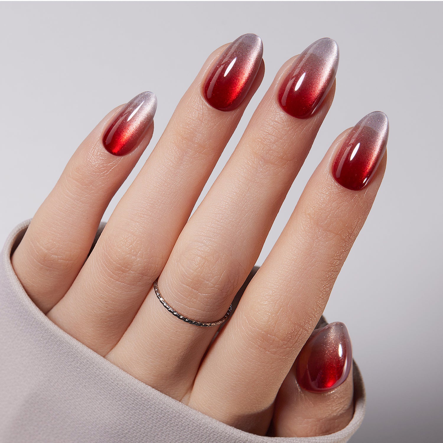 VSALON UV Cure Nails Scarlet Spell Red Cat Eye Short Almond Press On Nails - model wearing