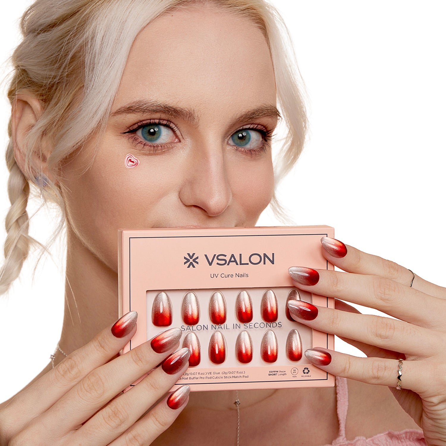 VSALON UV Cure Nails Scarlet Spell Red Cat Eye Short Almond Press On Nails - Model holding VSALON press on nails box diagonally with both hands – highlighting packaging and nail set presentation