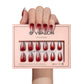 VSALON UV Cure Nails Scarlet Spell Red Cat Eye Short Almond Press On Nails - model's hand holding the top of the box – displaying nail design and product packaging