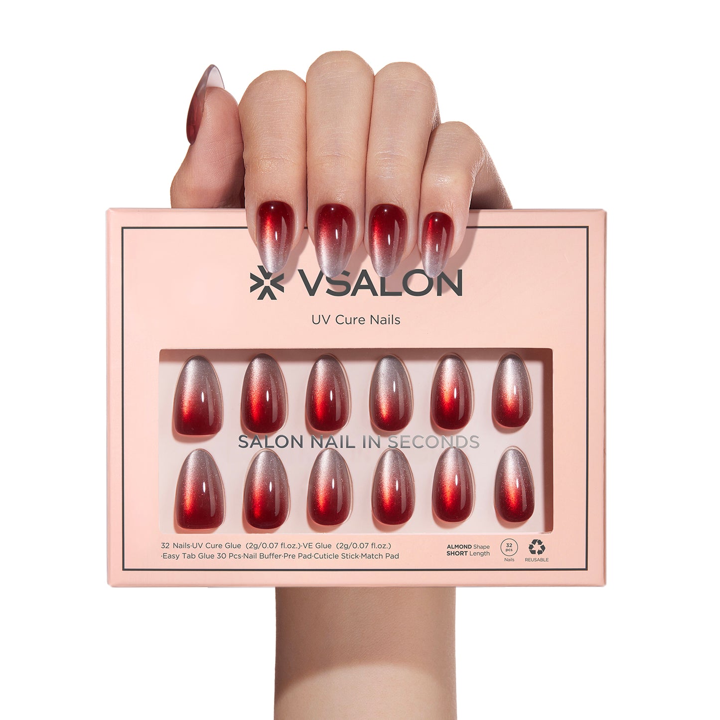VSALON UV Cure Nails Scarlet Spell Red Cat Eye Short Almond Press On Nails - model's hand holding the top of the box – displaying nail design and product packaging