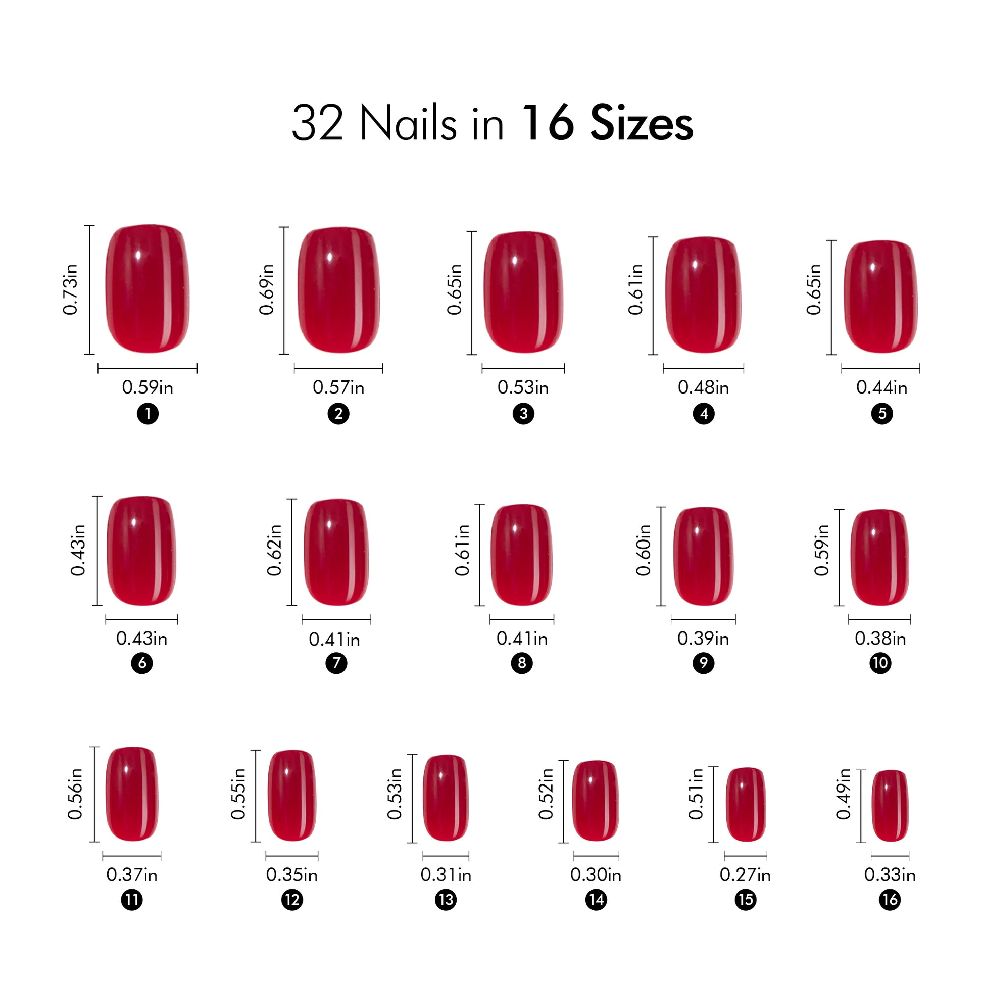 VSALON Nourishment Seductive Wine Red Solid Color Short Square Press On Nails Size Chart – shows length and width for each press on nail.