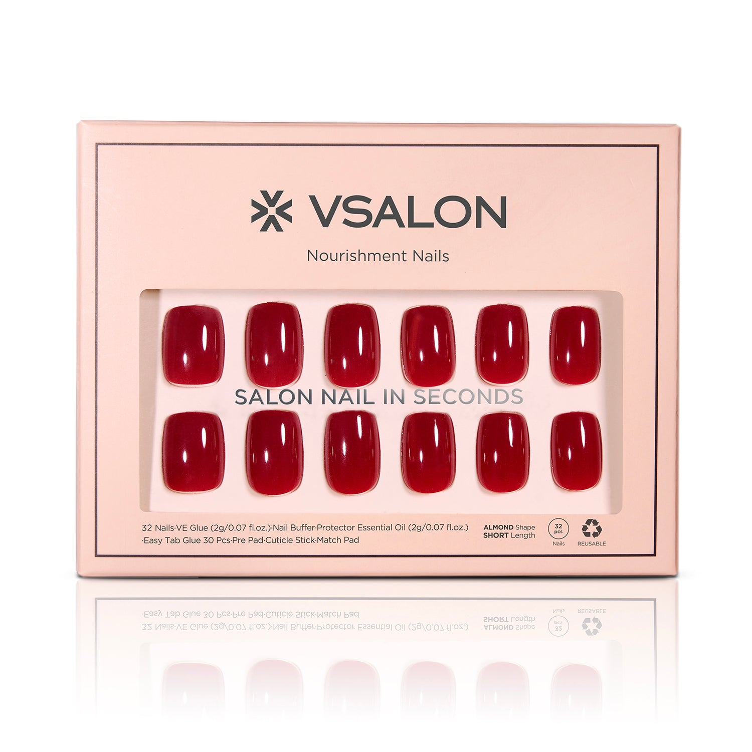 VSALON Nourishment Seductive Wine Red Solid Color Short Square Press On Nails - easy to apply, salon-quality, lasts 25+ days.