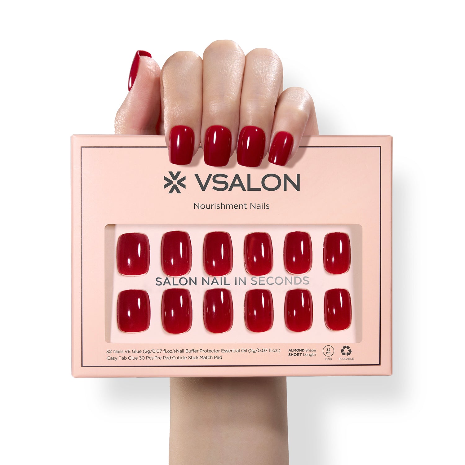 VSALON Nourishment Seductive Wine Red Solid Color Short Square Press On Nails - model's hand holding the top of the box – displaying nail design and product packaging