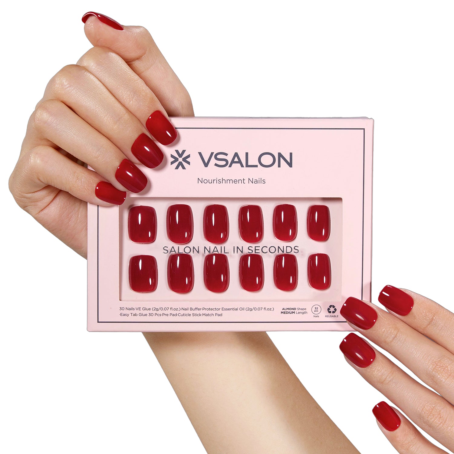 VSALON Nourishment Seductive Wine Red Solid Color Short Square Press On Nails - Model holding VSALON press on nails box diagonally with both hands – highlighting packaging and nail set presentation