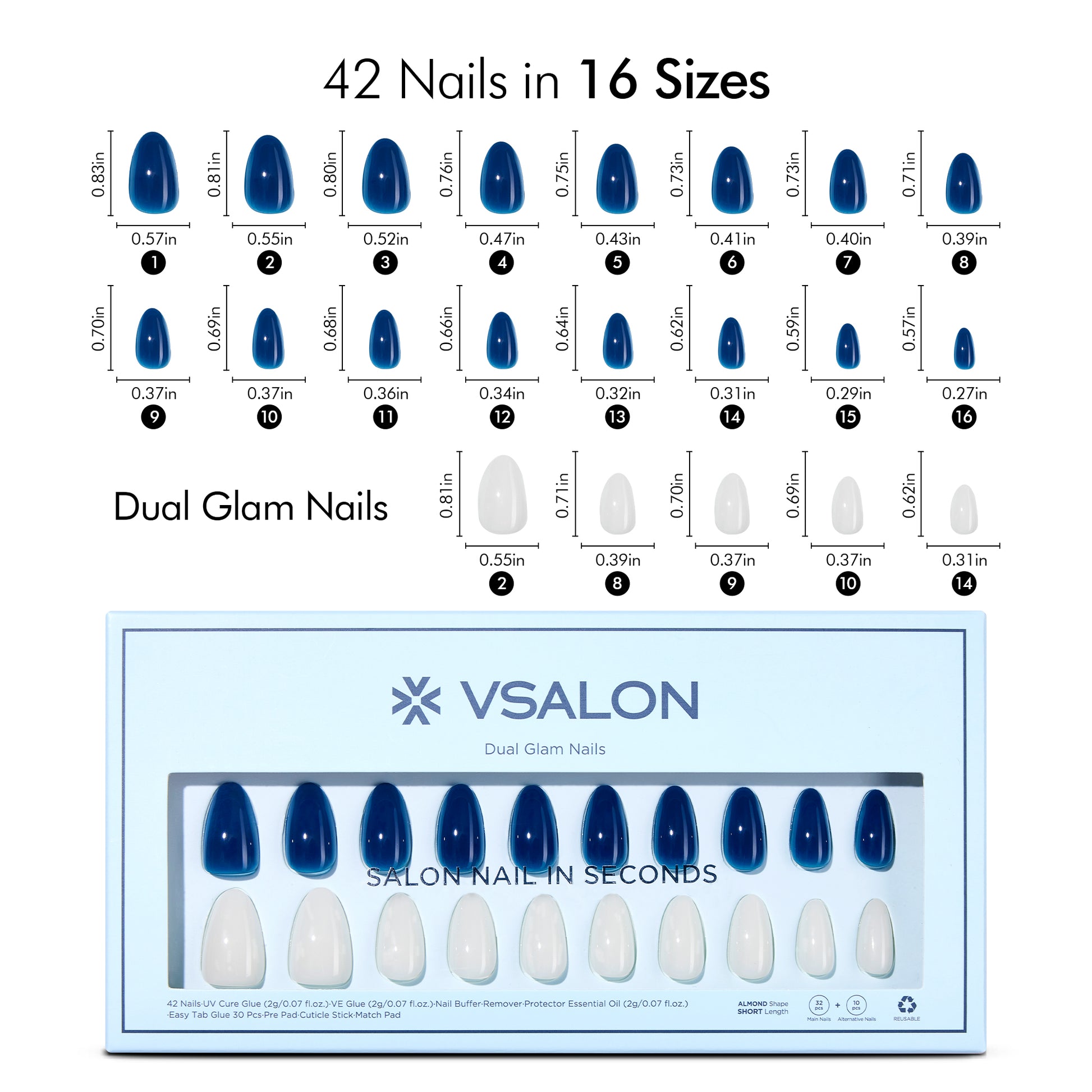 VSALON Dual Glam Nails Sky Cloud Blue Solid Color Short Almond Press On Nails Size Chart – shows length and width for each press on nail.