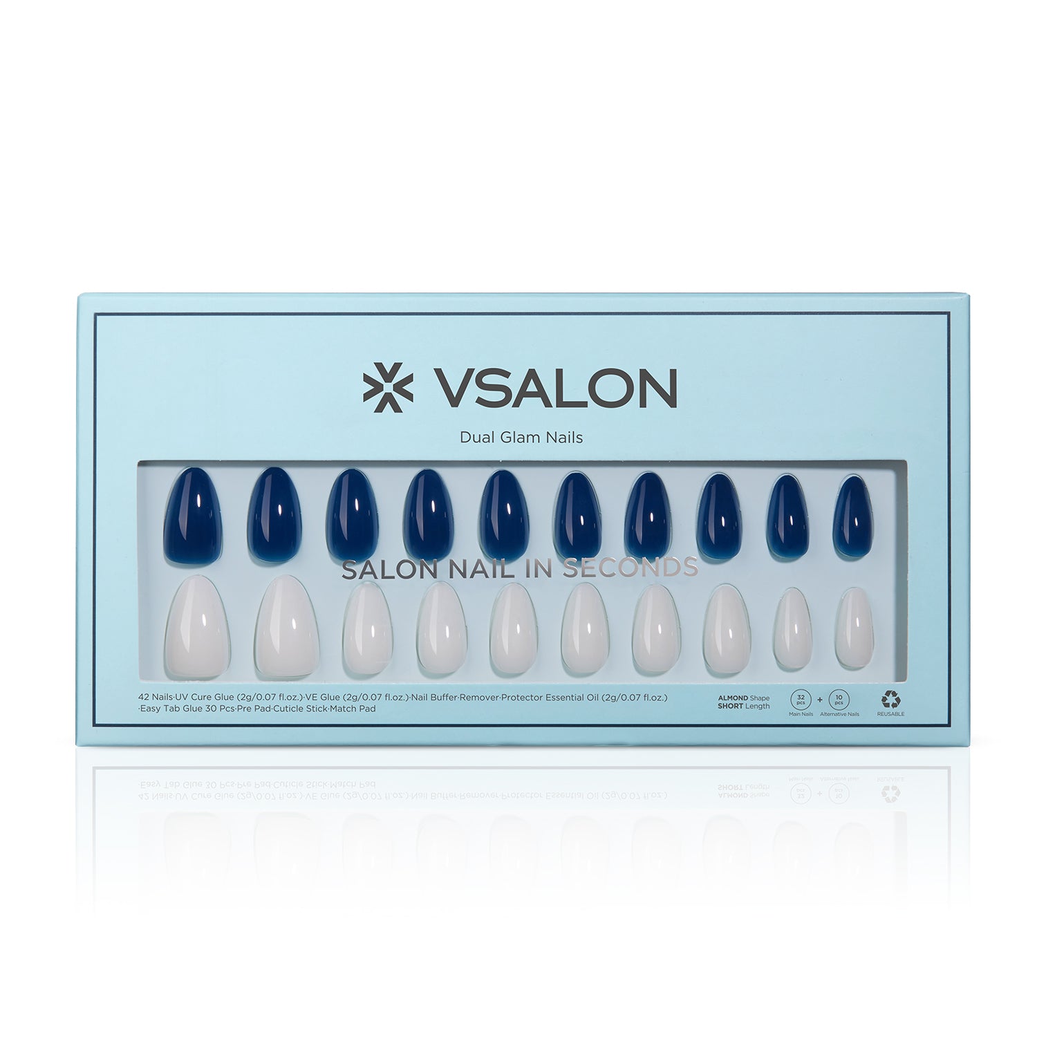 VSALON Dual Glam Nails Sky Cloud Blue Solid Color Short Almond Press On Nails - easy to apply, salon-quality, lasts 25+ days.