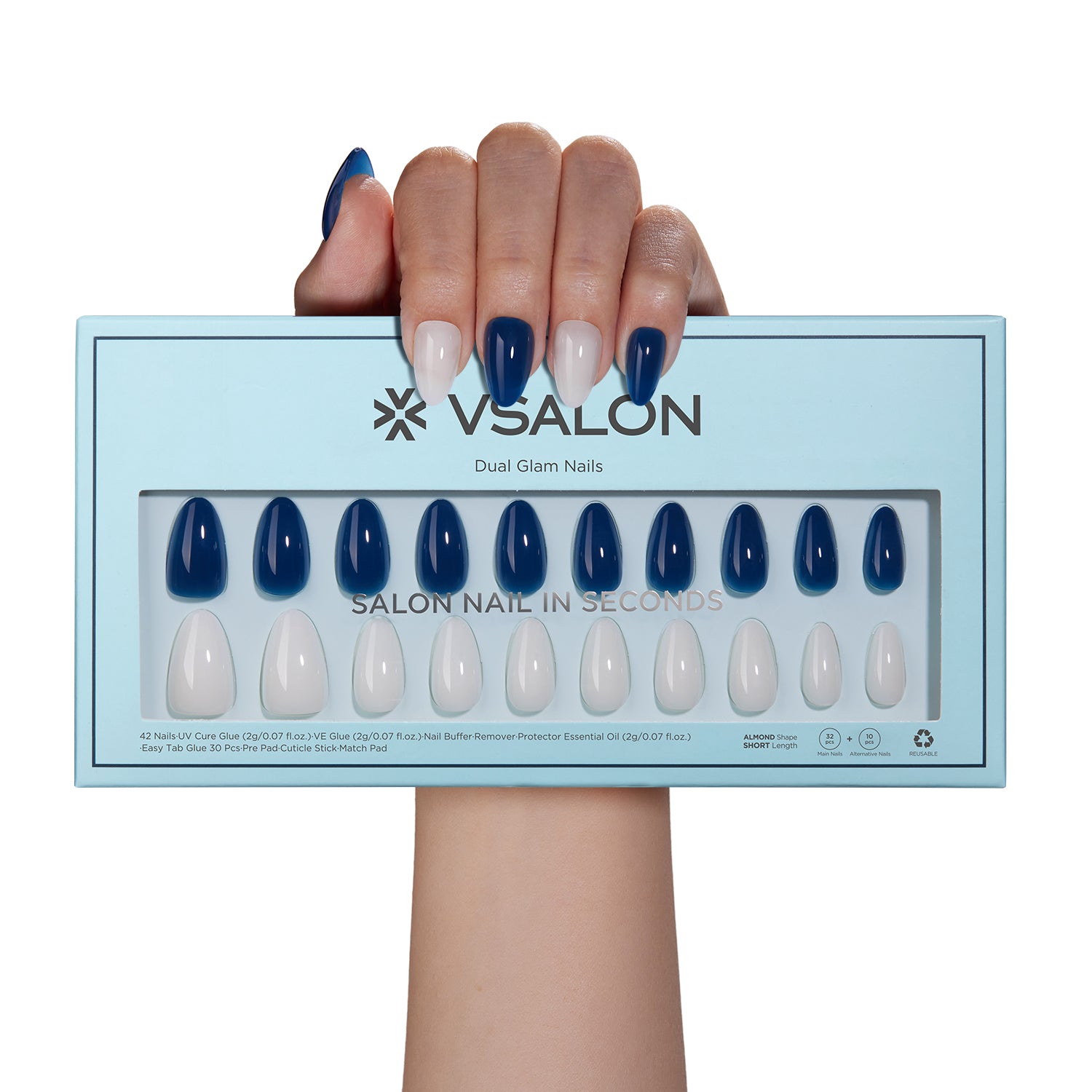 VSALON Dual Glam Nails Sky Cloud Blue Solid Color Short Almond Press On Nails - model's hand holding the top of the box – displaying nail design and product packaging