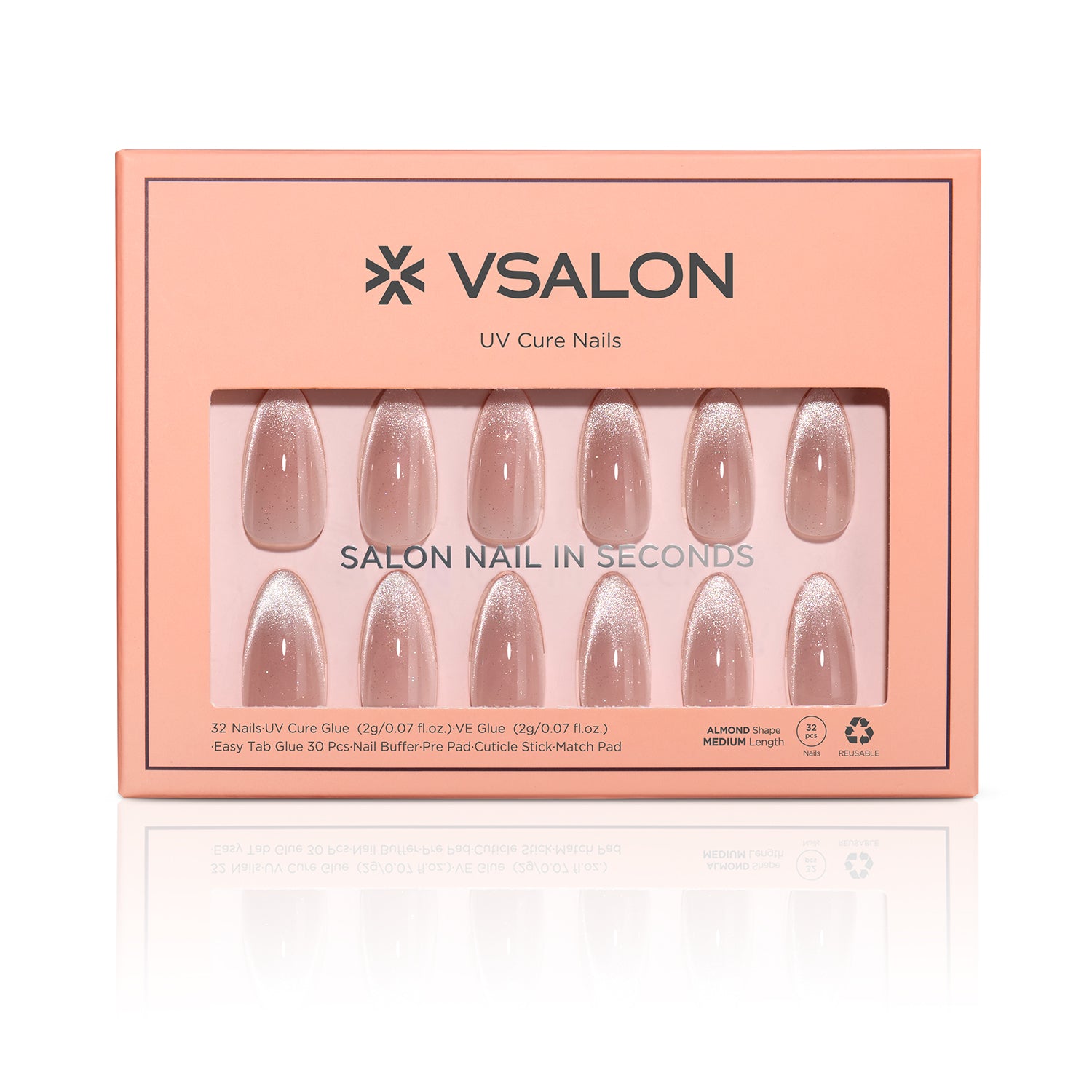 VSALON UV Cure Nails Sourire pink Cat Eye Almond Press On Nails - easy to apply, salon-quality, lasts 25+ days.