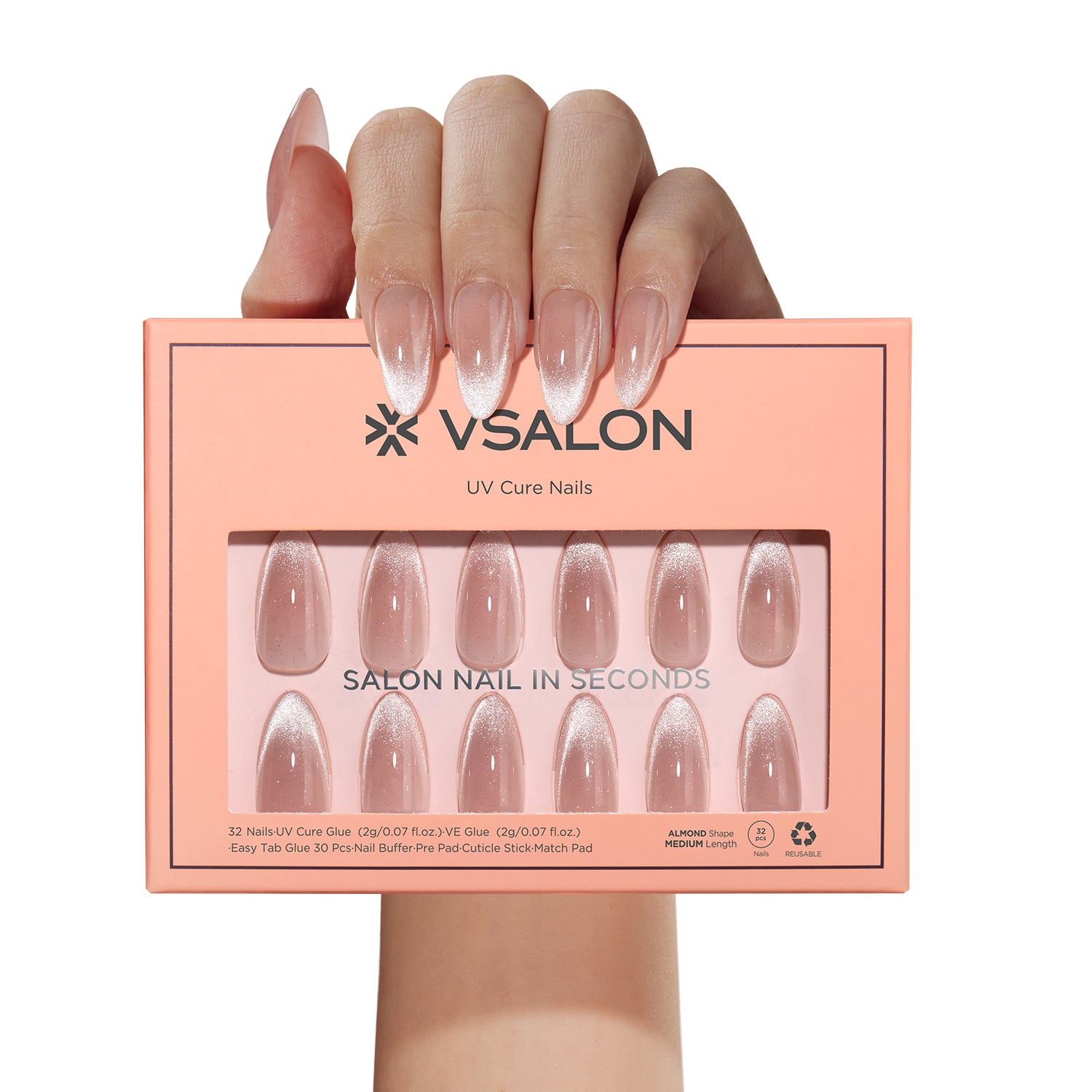 VSALON UV Cure Nails Sourire pink Cat Eye Almond Press On Nails - durable, easy to apply at home.