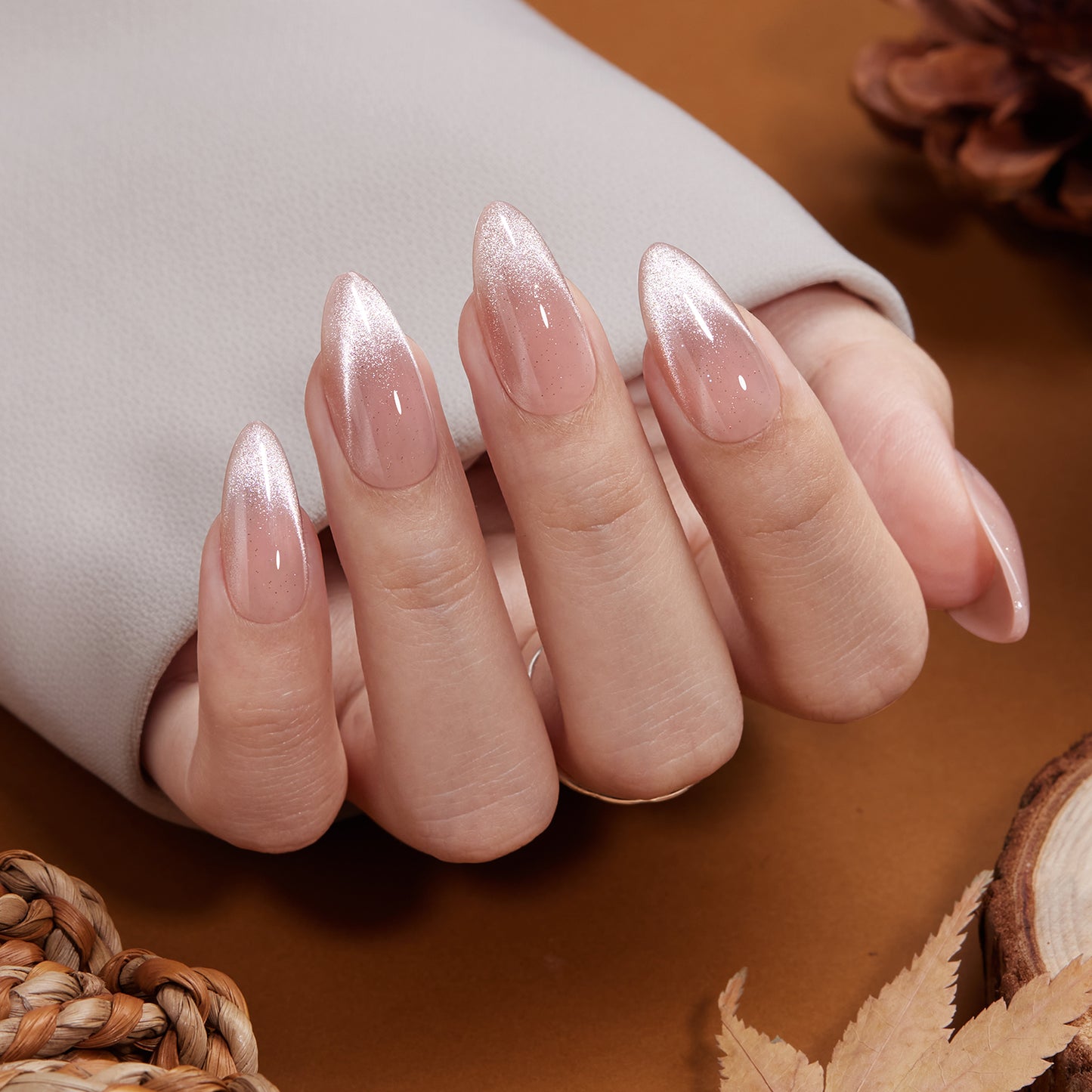 VSALON UV Cure Nails Sourire pink Cat Eye Short Almond Press On Nails - perfect for daily wear or office style.