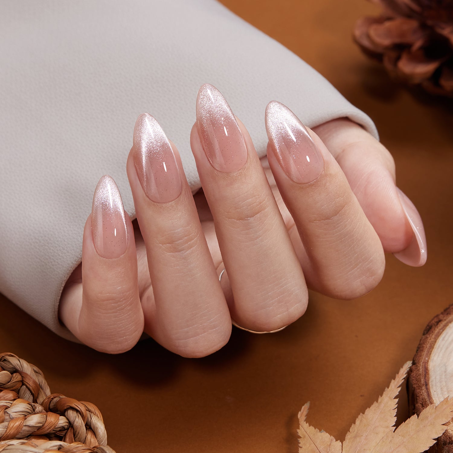 VSALON UV Cure Nails Sourire pink Cat Eye Short Almond Press On Nails - perfect for daily wear or office style.