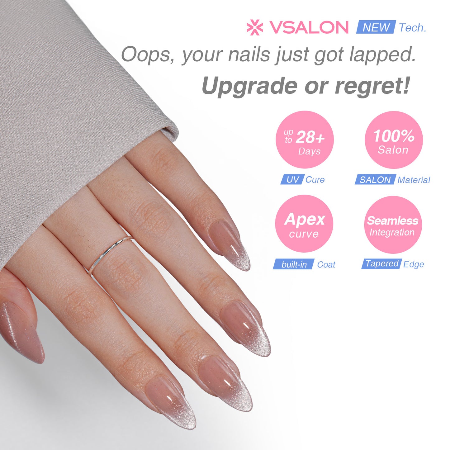 VSALON UV Cure Nails Sourire pink Cat Eye Short Almond Press On Nails - salon-quality finish and perfect shine.